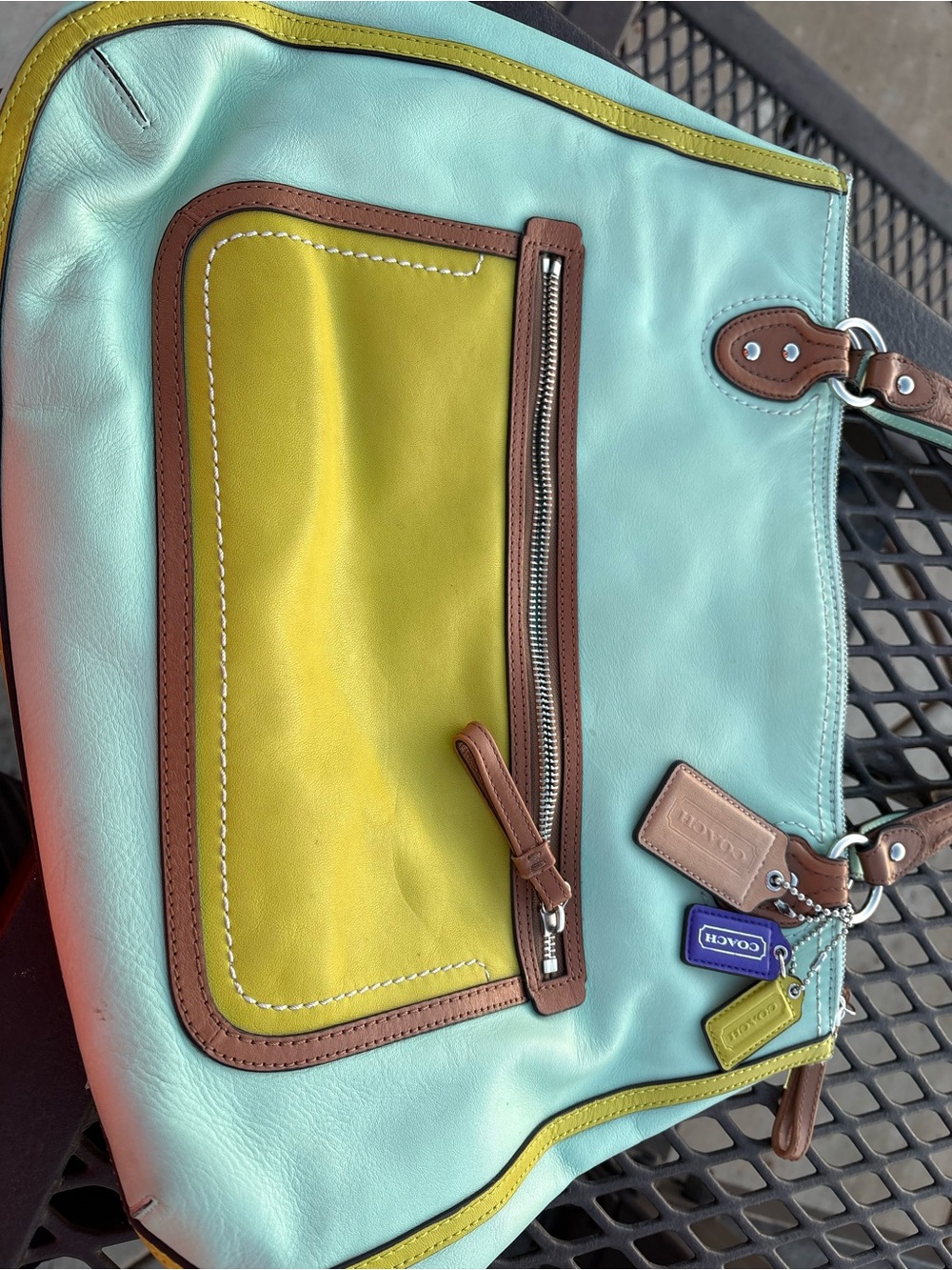 Coach Mint Green and Yellow Leather Shoulder Bag with Brown Trim - Picture 4 of 9